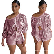 C4061  Latest trending 2019 women fall clothing sexy lady sequin two piece short set for night club wear